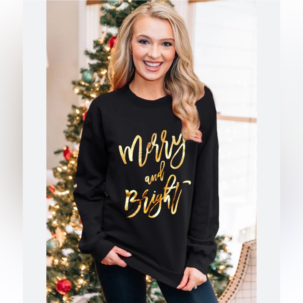 NEW Black Merry & Bright Letter Print Pullover Sweatshirt